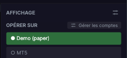 Panneau de trading de Forge avec OPÉRER SUR et le bouton Gérer les comptes