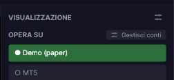 Pannello di trading di Forge con OPERA SU e il pulsante Gestisci conti