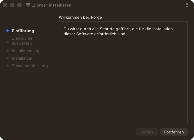 Forge-Installer auf dem Mac, Bildschirm Einführung