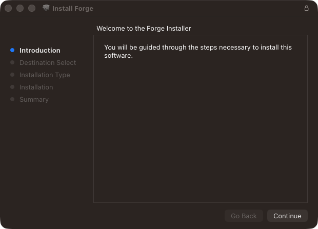 Forge installer on Mac, Introduction screen