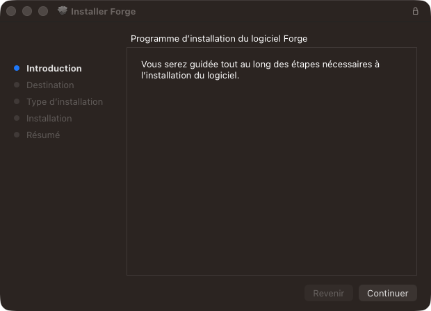 Installateur de Forge sur Mac, écran Introduction