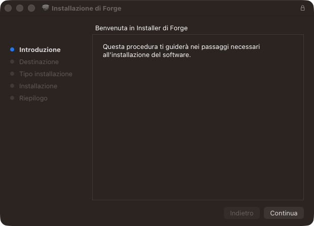 Programma di installazione di Forge su Mac, schermata Introduzione