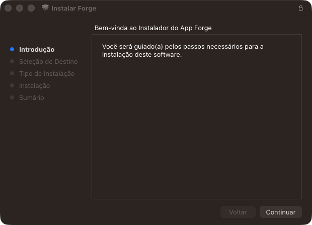 Instalador do Forge no Mac, tela Introdução