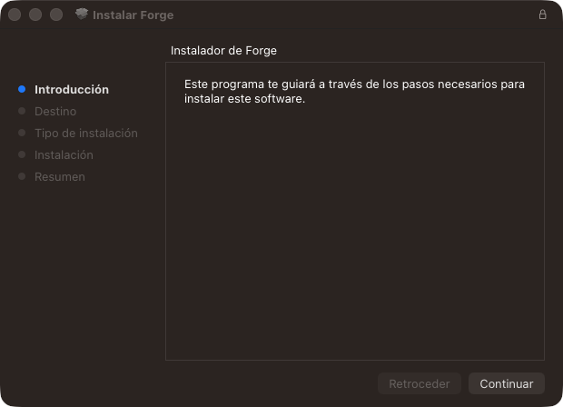 Instalador de Forge en Mac, pantalla Introducción