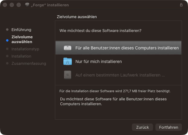 Forge-Installer auf dem Mac, Bildschirm Zielvolume auswählen