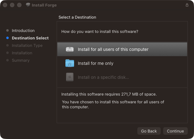 Forge installer on Mac, Destination Select screen