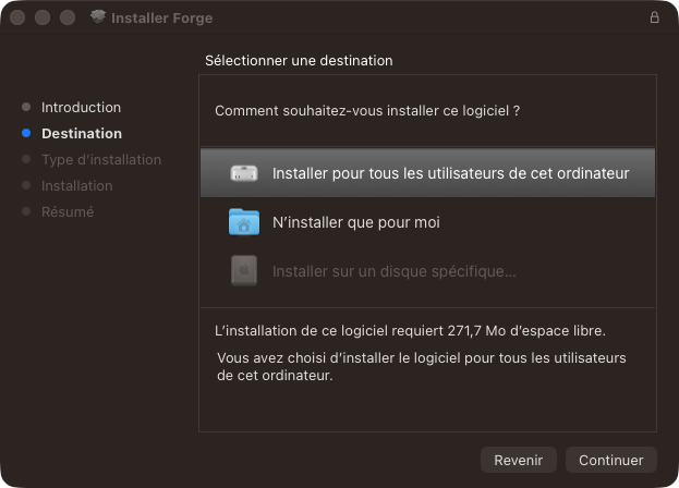 Installateur de Forge sur Mac, écran Destination