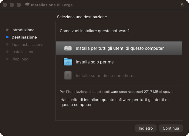 Programma di installazione di Forge su Mac, schermata Destinazione