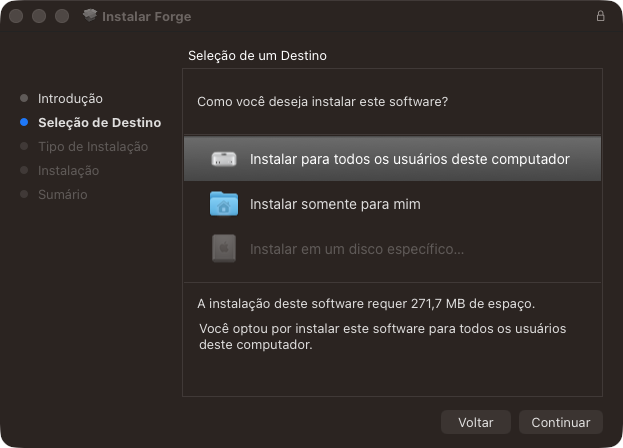 Instalador do Forge no Mac, tela Seleção de Destino
