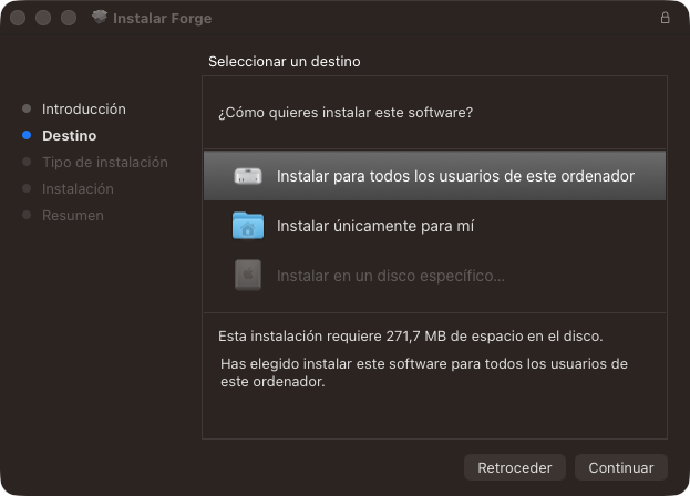 Instalador de Forge en Mac, pantalla Destino