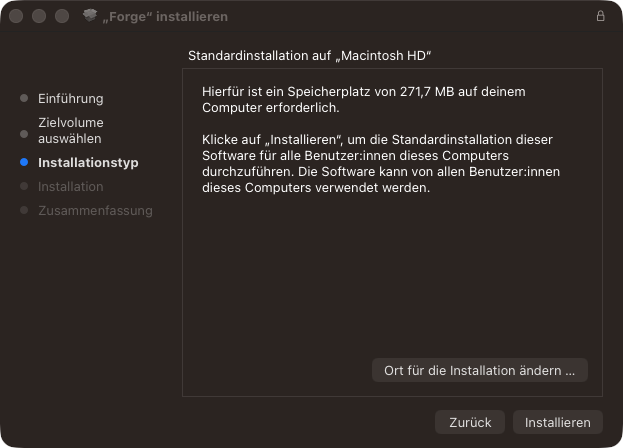 Forge-Installer auf dem Mac, Bildschirm Installationstyp