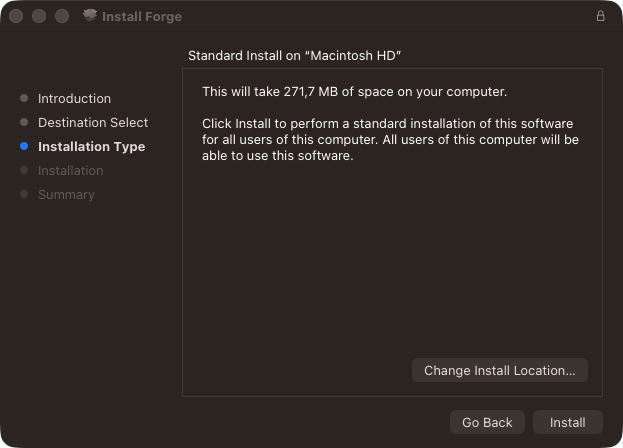 Forge installer on Mac, Installation Type screen