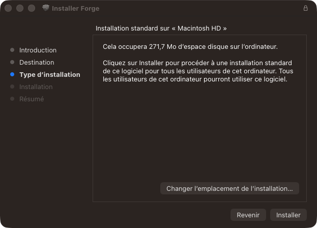 Installateur de Forge sur Mac, écran Type d’installation