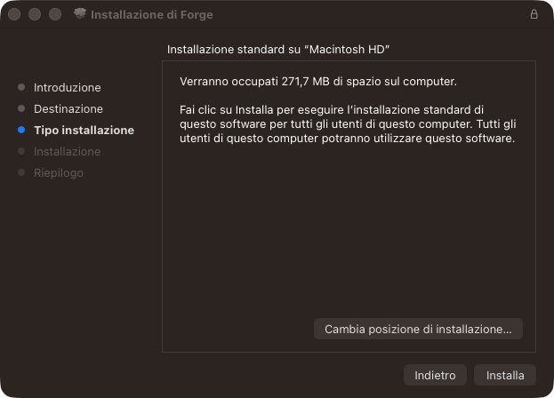 Programma di installazione di Forge su Mac, schermata Tipo installazione