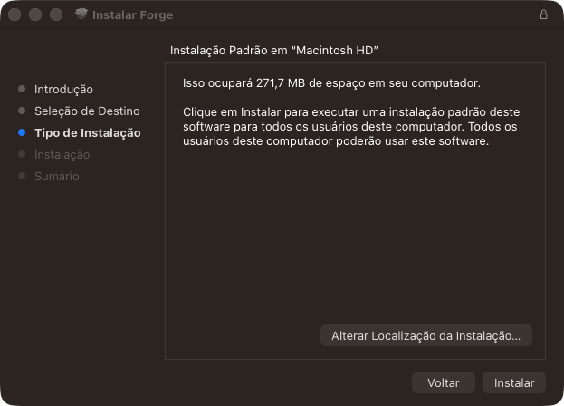 Instalador do Forge no Mac, tela Tipo de Instalação