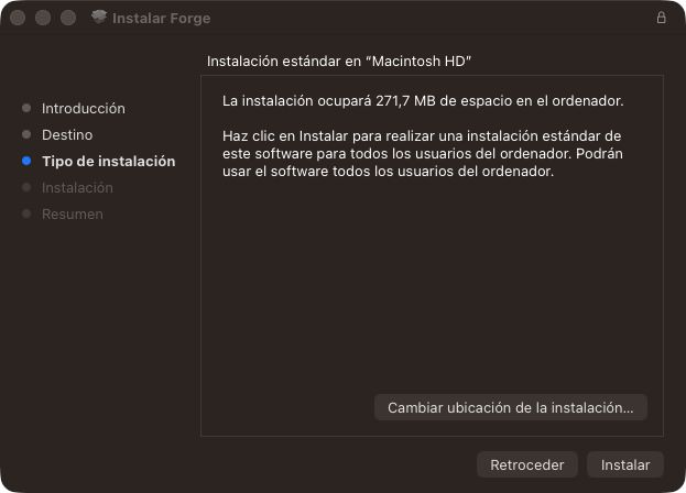 Instalador de Forge en Mac, pantalla Tipo de instalación