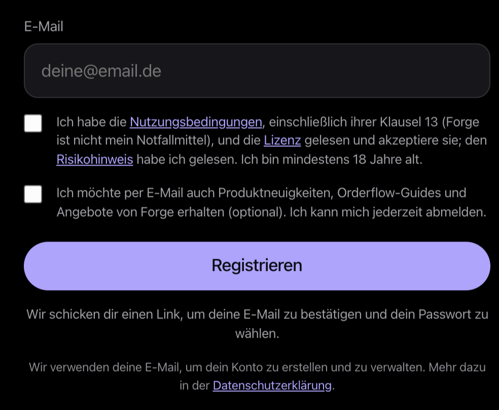 Registrierungsformular auf forgecharts.net mit dem E-Mail-Feld und dem Kästchen der Nutzungsbedingungen