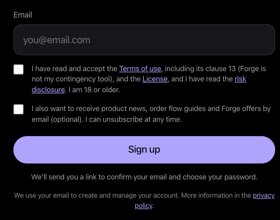 Sign-up form on forgecharts.net with the email field and the terms of use checkbox