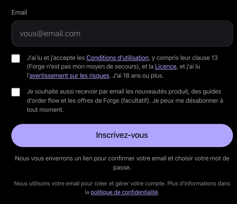 Formulaire d’inscription de forgecharts.net avec l’e-mail et la case des conditions d’utilisation