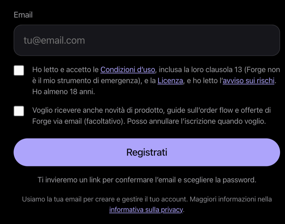 Modulo di registrazione di forgecharts.net con l’email e la casella delle condizioni d’uso
