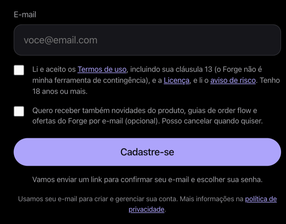 Formulário de cadastro do forgecharts.net com o email e a caixa das condições de uso