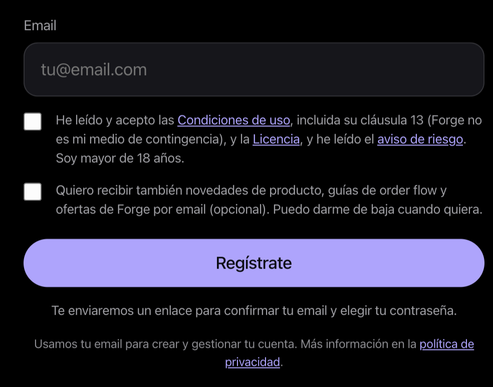 Formulario de registro de forgecharts.net con el email y la casilla de las condiciones de uso