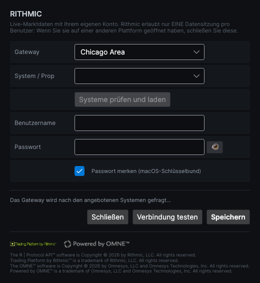 Fenster der Rithmic-Verbindung mit Gateway, System, Benutzername, Passwort und den Schaltflächen Systeme prüfen und laden, Verbindung testen und Speichern