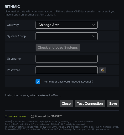 Rithmic connection window with gateway, system, username, password and the Check and Load Systems, Test Connection and Save buttons