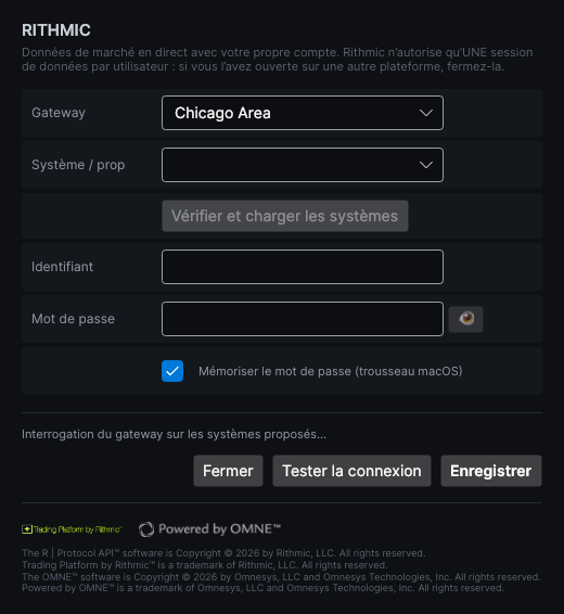 Fenêtre de connexion à Rithmic avec le gateway, le système, l’identifiant, le mot de passe et les boutons Vérifier et charger les systèmes, Tester la connexion et Enregistrer