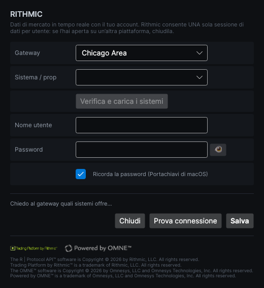 Finestra di connessione a Rithmic con gateway, sistema, utente, password e i pulsanti Verifica e carica i sistemi, Prova connessione e Salva