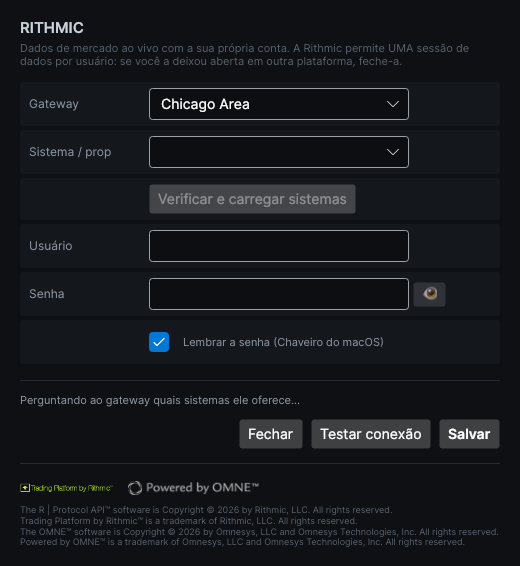 Janela de conexão com a Rithmic com gateway, sistema, usuário, senha e os botões Verificar e carregar sistemas, Testar conexão e Salvar