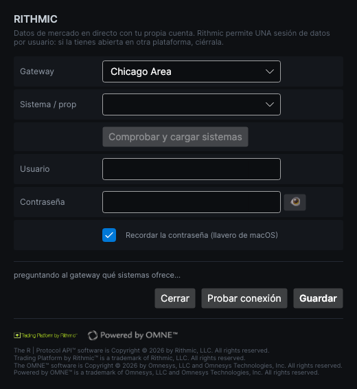 Ventana de conexión con Rithmic con el gateway, el sistema, el usuario, la contraseña y los botones Comprobar y cargar sistemas, Probar conexión y Guardar