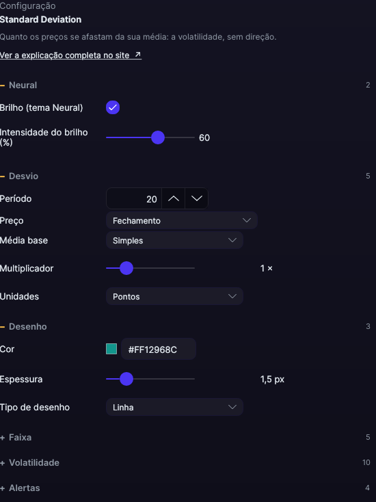 Painel de ajustes do Standard Deviation no Forge, com as seções Desvio e Desenho abertas