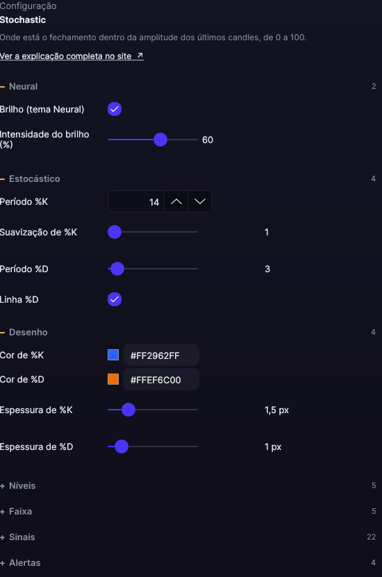 Painel de ajustes do Stochastic no Forge, com as seções Estocástico e Desenho abertas