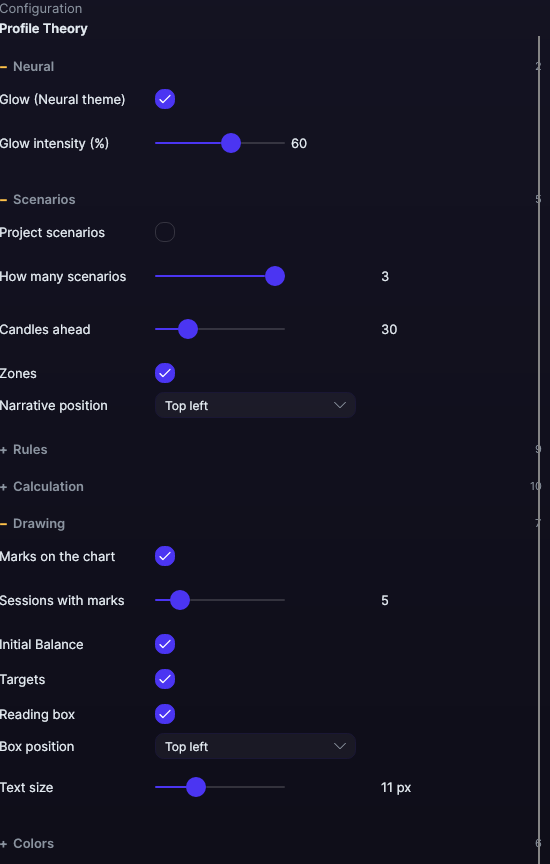Profile Theory settings panel in Forge, with the Scenarios and Rules sections open