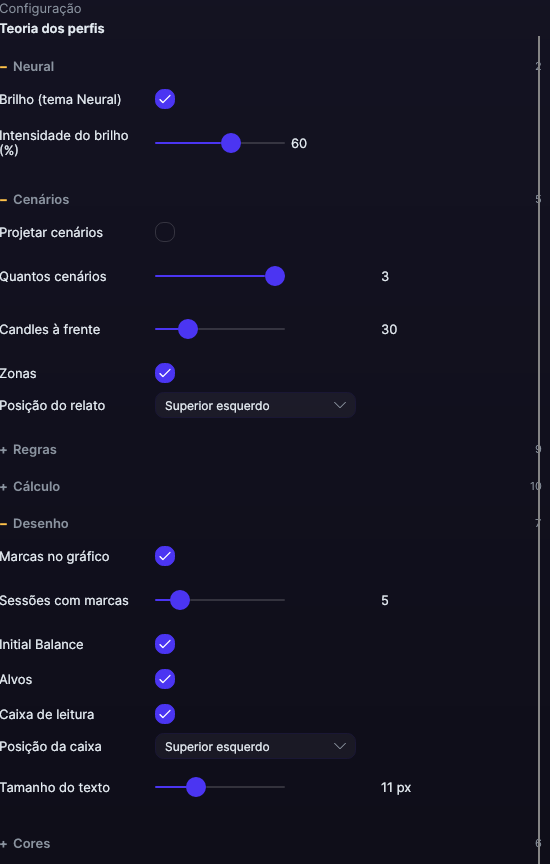 Painel de ajustes da Teoria dos perfis no Forge, com as seções Cenários e Regras abertas