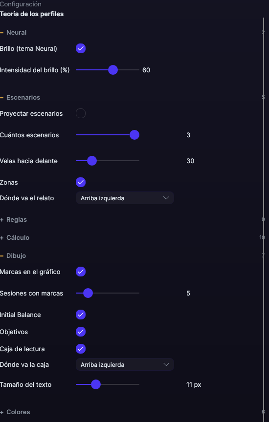 Panel de ajustes de la Teoría de los perfiles en Forge, con los apartados Escenarios y Reglas abiertos