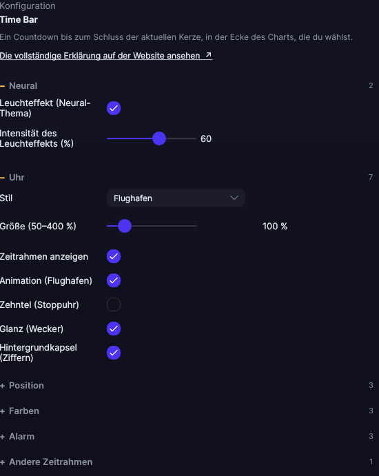 Einstellungsfenster von Time Bar in Forge, mit geöffneten Abschnitten Uhr und Position
