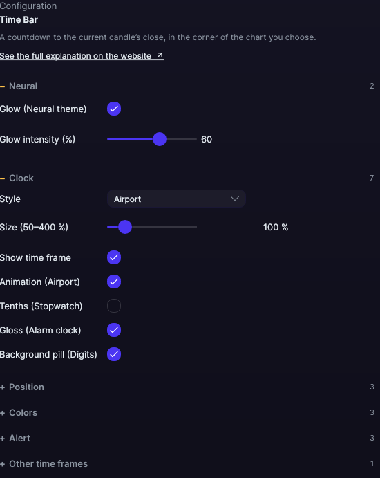 Time Bar settings panel in Forge, with the Clock and Position sections open