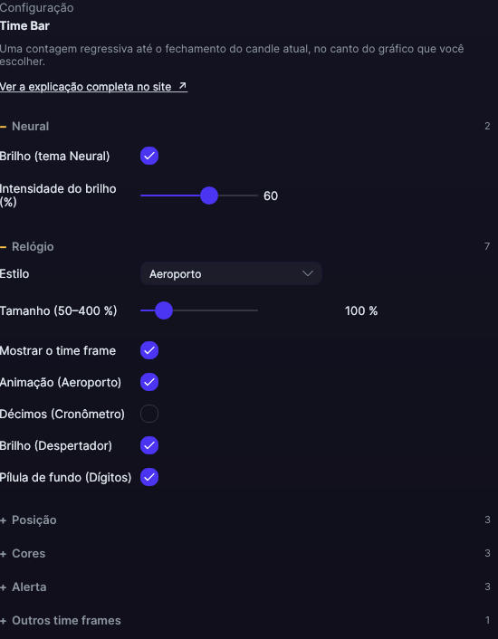 Painel de ajustes do Time Bar no Forge, com as seções Relógio e Posição abertas