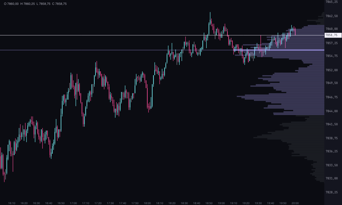 1-Minuten-Kerzenchart des ES mit dem Volume Profile Composite an der Preisachse