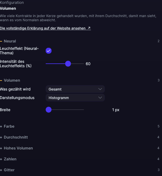 Einstellungsfenster des Volumens in Forge, mit geöffneten Abschnitten Volumen, Farbe und Durchschnitt