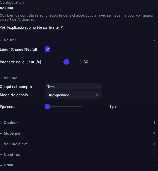 Panneau de réglages du Volume dans Forge, avec les sections Volume, Couleur et Moyenne ouvertes