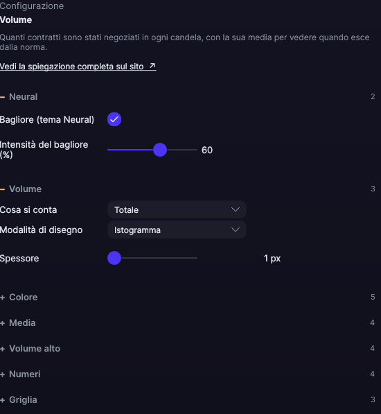 Pannello delle impostazioni del Volume in Forge, con le sezioni Volume, Colore e Media aperte