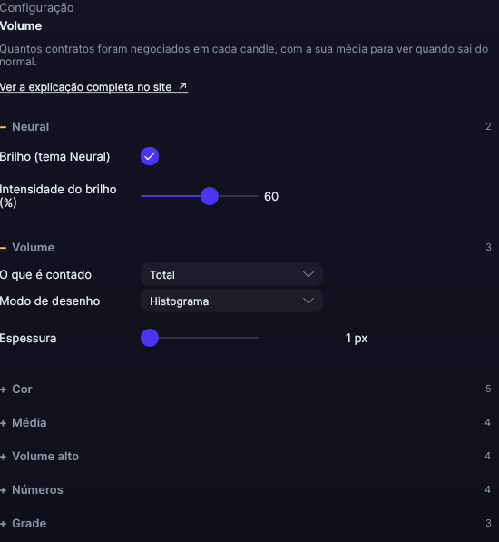 Painel de ajustes do Volume no Forge, com as seções Volume, Cor e Média abertas