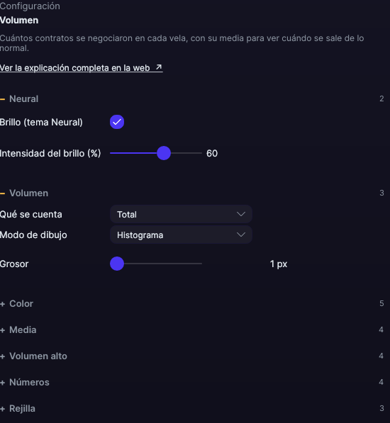 Panel de ajustes del Volumen en Forge, con los apartados Volumen, Color y Media abiertos
