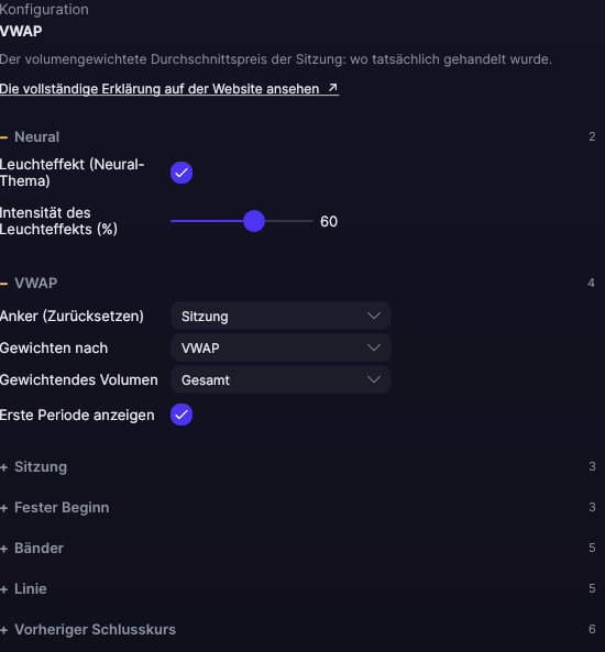 Einstellungsfenster des VWAP in Forge